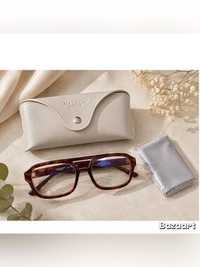 New Madison Avenue Tortoise Shell Square Thick Blue Blocker Glasses Case & Cloth